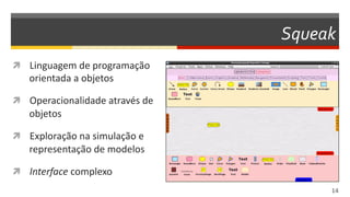 Squeak
14  
  Linguagem	
  de	
  programação	
  
orientada	
  a	
  objetos	
  
  Operacionalidade	
  através	
  de	
  
objetos	
  
  Exploração	
  na	
  simulação	
  e	
  
representação	
  de	
  modelos	
  
  Interface	
  complexo	
  
 