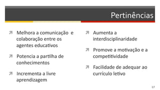 Pertinências	
  
  Melhora	
  a	
  comunicação	
  	
  e	
  
colaboração	
  entre	
  os	
  
agentes	
  educaDvos	
  
  Potencia	
  a	
  parDlha	
  de	
  
conhecimentos	
  
  Incrementa	
  a	
  livre	
  
aprendizagem	
  
  Aumenta	
  a	
  
interdisciplinaridade	
  
  Promove	
  a	
  moDvação	
  e	
  a	
  
compeDDvidade	
  
  Facilidade	
  de	
  adequar	
  ao	
  
currículo	
  leDvo	
  
17  
 