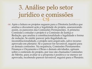 
 Após a leitura os projetos seguem para a Diretoria Jurídica que
analisa a document ação e legalidade do projeto, assessorando
assim, os pareceres das Comissões Permanentes. A primeira
Comissão a estudar o projeto é a Comissão de Justiça e
Redação, que analisa a constitucionalidade e legalidade e forma
de redação. Se emitir parecer pela ilegalidade ou
inconstitucionalidade, o projeto será arquivado, salvo recurso
aprovado em plenário. Se o parecer for favorável, seguirá para
as demais comissões. Na sequência, Comissões Permanentes:
Finanças e Orçamento e Obras e demais atividades, opinam
sobre o conteúdo do projeto, por isso são chamadas Comissões
de Mérito, para avaliar se a proposta é positiva e se merece ser
aprovada, recebendo parecer favorável, seguirá para o Plenário.
3. Análise pelo setor
jurídico e comissões
 