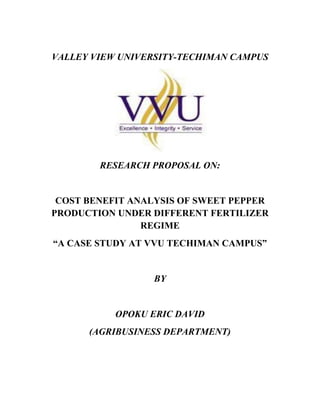 VALLEY VIEW UNIVERSITY-TECHIMAN CAMPUS

RESEARCH PROPOSAL ON:

COST BENEFIT ANALYSIS OF SWEET PEPPER
PRODUCTION UNDER DIFFERENT FERTILIZER
REGIME
“A CASE STUDY AT VVU TECHIMAN CAMPUS”

BY

OPOKU ERIC DAVID
(AGRIBUSINESS DEPARTMENT)

 