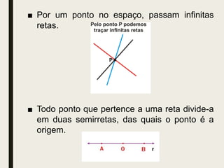 ■ Por um ponto no espaço, passam infinitas
retas.
■ Todo ponto que pertence a uma reta divide-a
em duas semirretas, das quais o ponto é a
origem.
 