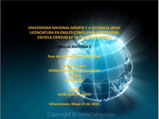 UNIVERSIDAD NACIONAL ABIERTA Y A DISTANCIA UNAD
LICENCIATURA EN ENGLES COMO LENGUA EXTRAJERA
ESCUELA CIENCIAS DE LA EDUCACIÓN ECEDU
LENGUA MATERNA II
Fase de evaluación: trabajo final
Elaborado por:
HERNANDO MENDEZ GUZMAN
Código:
86.066.966
TUTOR:
JHON ALBER MARIN
Villavicencio, Mayo 23 de 2015
 