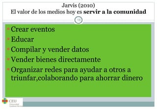 Crear eventos Educar Compilar y vender datos Vender bienes directamente Organizar redes para ayudar a otros a triunfar,colaborando para ahorrar dinero Jarvis (2010) El valor de los medios hoy es  servir a la comunidad 
