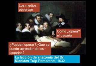 La lección de anatomía del Dr. Nicolaes Tulp  Rembrandt, 1632 Los medios observan Cómo ¿opera? el usuario  ¿Pueden operar?¿Qué se puede aprender de los usuarios? 