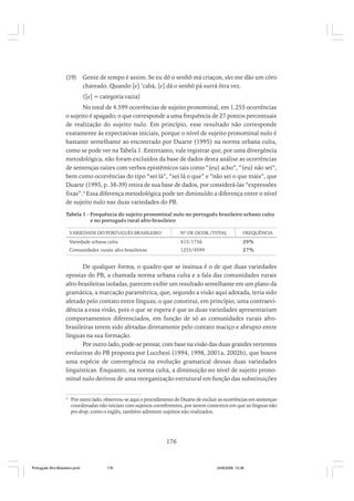 (19)

Gente de tempo é assim. Se eu dô o senhô má criaçon, eles me dão um côro
chateado. Quando [e] ‘cabá, [e] dá o senhô pá surrá ôtra vez.
([e] = categoria vazia)

No total de 4.599 ocorrências de sujeito pronominal, em 1.255 ocorrências
o sujeito é apagado; o que corresponde a uma frequência de 27 pontos percentuais
de realização do sujeito nulo. Em princípio, esse resultado não corresponde
exatamente às expectativas iniciais, porque o nível de sujeito pronominal nulo é
bastante semelhante ao encontrado por Duarte (1995) na norma urbana culta,
como se pode ver na Tabela 1. Entretanto, vale registrar que, por uma divergência
metodológica, não foram excluídos da base de dados desta análise as ocorrências
de sentenças raízes com verbos epistêmicos tais como “(eu) acho”, “(eu) não sei”,
bem como ocorrências do tipo “sei lá”, “sei lá o que” e “não sei o que mais”, que
Duarte (1995, p. 38-39) retira de sua base de dados, por considerá-las “expressões
fixas”.4 Essa diferença metodológica pode ter diminuído a diferença entre o nível
de sujeito nulo nas duas variedades do PB.
Tabela 1 - Frequência do sujeito pronominal nulo no português brasileiro urbano culto
e no português rural afro-brasileiro
VARIEDADE DO PORTUGUÊS BRASILEIRO

Nº DE OCOR./TOTAL

FREQUÊNCIA

Variedade urbana culta

415/1756

29%

Comunidades rurais afro-brasileiras

1255/4599

27%

De qualquer forma, o quadro que se insinua é o de que duas variedades
opostas do PB, a chamada norma urbana culta e a fala das comunidades rurais
afro-brasileiras isoladas, parecem exibir um resultado semelhante em um plano da
gramática, a marcação paramétrica, que, segundo a visão aqui adotada, teria sido
afetado pelo contato entre línguas; o que constitui, em princípio, uma contraevidência a essa visão, pois o que se espera é que as duas variedades apresentariam
comportamentos diferenciados, em função de só as comunidades rurais afrobrasileiras terem sido afetadas diretamente pelo contato maciço e abrupto entre
línguas na sua formação.
Por outro lado, pode-se pensar, com base na visão das duas grandes vertentes
evolutivas do PB proposta por Lucchesi (1994, 1998, 2001a, 2002b), que houve
uma espécie de convergência na evolução gramatical dessas duas variedades
linguísticas. Enquanto, na norma culta, a diminuição no nível de sujeito pronominal nulo derivou de uma reorganização estrutural em função das substituições
4

Por outro lado, observou-se aqui o procedimento de Duarte de excluir as ocorrências em sentenças
coordenadas não iniciais com sujeitos correferentes, por serem contextos em que as línguas não
pro-drop, como o inglês, também admitem sujeitos não realizados.

176

Português Afro-Brasileiro.pmd

176

24/8/2009, 15:36

 