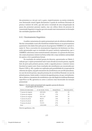 dos pronomes tu e nós por você e a gente, respectivamente; na norma vernácula,
essa diminuição estaria ligada diretamente à queda de morfemas flexionais de
pessoa e número do verbo, que não seria o resultado de uma reorganização da
pauta dos pronomes pessoais sujeito, mas um reflexo direto do processo de
transmissão linguística irregular que teria atuado mais intensamente na formação
das variedades populares do PB.

6.4.1 Encaixamento linguístico
A análise variacionista do sujeito pronominal nulo de referência definida na
fala das comunidades rurais afro-brasileiras isoladas baseou-se no processamento
quantitativo dos dados feito pelo pacote de programas VARBRUL (cf. capítulo 5,
seção 2). Para o escrutínio do encaixamento linguístico do fenômeno em foco,
serão apresentados aqui os resultados de quatro variáveis explanatórias, que o
VARBRUL selecionou como estatisticamente relevantes: (i) a pessoa do discurso;
(ii) a marca de pessoa e número na forma verbal; (iii) o traço semântico animacidade
do sujeito; e (iv) o paralelismo formal.
Os resultados da variável pessoa do discurso, apresentados na Tabela 2,
indicam que o sujeito pronominal nulo é mais elevado na terceira pessoa, seguida
bem de perto pela primeira pessoa; sendo a segunda pessoa o contexto menos
favorável ao sujeito nulo. Esses resultados são semelhantes aos encontrados por
Duarte (1995, p. 48), e podem ser explicados pela possibilidade de recuperação do
referente do sujeito, seja pelo mecanismo da correferência com um SN antecedente,
no caso da terceira pessoa, seja pela presença de um morfema flexional, no caso da
primeira pessoa. Assim sendo, o contexto da segunda pessoa, em que, normalmente,
não se observa o mecanismo da correferência e que não dispõe de morfemas flexionais
específicos no PB, apresenta-se como o contexto mais favorecedor da retenção
pronominal.
Tabela 2 - Uso do sujeito pronominal nulo segundo a pessoa do discurso
no português afro-brasileiro
PESSOA DO DISCURSO

Nº DE OCOR./TOTAL

FREQUÊNCIA

PESO RELATIVO

1ª pessoa do singular

659/2292

29%

.53

2ª pessoa do singular

27/159

17%

.43

3ª pessoa do singular

392/1167

34%

.55

1ª pessoa do plural

98/671

15%

.34

2ª pessoa do plural

06/35

17%

.43

3ª pessoa do plural

73/275

27%

.49

Total

1255/4599

27%

Nível de significância: .036.

177

Português Afro-Brasileiro.pmd

177

24/8/2009, 15:36

 
