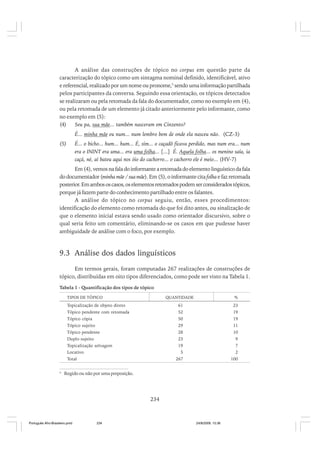 A análise das construções de tópico no corpus em questão parte da
caracterização do tópico como um sintagma nominal definido, identificável, ativo
e referencial, realizado por um nome ou pronome,5 sendo uma informação partilhada
pelos participantes da conversa. Seguindo essa orientação, os tópicos detectados
se realizaram ou pela retomada da fala do documentador, como no exemplo em (4),
ou pela retomada de um elemento já citado anteriormente pelo informante, como
no exemplo em (5):
(4)
Seu pa, sua mãe... também nasceram em Cinzento?
É... minha mãe eu num... num lembro bem de onde ela nasceu não. (CZ-3)
(5)

É... o bicho... hum... hum... É, sim... o caçadô ficava perdido, mas num era... num
era o ININT era uma... era uma folha... [...] É. Aquela folha... os menino saía, ia
caçá, né, aí bateu aqui nos óio do cachorro... o cachorro ele é meio... (HV-7)

Em (4), vemos na fala do informante a retomada do elemento linguístico da fala
do documentador (minha mãe / sua mãe). Em (5), o informante cita folha e faz retomada
posterior. Em ambos os casos, os elementos retomados podem ser considerados tópicos,
porque já fazem parte do conhecimento partilhado entre os falantes.
A análise do tópico no corpus seguiu, então, esses procedimentos:
identificação do elemento como retomada do que foi dito antes, ou sinalização de
que o elemento inicial estava sendo usado como orientador discursivo, sobre o
qual seria feito um comentário, eliminando-se os casos em que pudesse haver
ambiguidade de análise com o foco, por exemplo.

9.3 Análise dos dados linguísticos
Em termos gerais, foram computadas 267 realizações de construções de
tópico, distribuídas em oito tipos diferenciados, como pode ser visto na Tabela 1.
Tabela 1 - Quantificação dos tipos de tópico
TIPOS DE TÓPICO

QUANTIDADE

%

Topicalização de objeto direto

61

23

Tópico pendente com retomada

52

19

Tópico cópia

50

19

Tópico sujeito

29

11

Tópico pendente

28

10

Duplo sujeito

23

9

Topicalização selvagem

19

7

5

2

267

100

Locativo
Total
5

Regido ou não por uma preposição.

234

Português Afro-Brasileiro.pmd

234

24/8/2009, 15:36

 