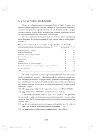 9.3.2 Tópico Pendente com Retomada
Dentre as realizações das construções de tópico, o Tópico Pendente com
Retomada obteve um percentual de 19%. Este tipo de tópico mantém uma relação
semântica com a oração porque é retomado por um elemento interno à oração,
como um pronome forte ou clítico, uma expressão genérica, uma categoria vazia,
um pronome demonstrativo, um numeral, dentre outros.
Nos casos analisados, ocorreu a retomada por: pronome tônico, quantificador,
numeral, pronome demonstrativo e categoria vazia, como se pode ver na distribuição
da Tabela 2.
Tabela 2 - Tipos de retomada nas construções de Tópico Pendente com Retomada
CONSTRUÇÕES DE TÓPICO PENDENTE COM RETOMADA

QUANTIDADE

Relação continente / contido

%

10

19

8

Pronome correferencial

15

Retomada vazia na posição de sujeito

7

13

Pronome demonstrativo

6

12

Quantificador

6

12

Numeral

5

10

Pronome pessoal na posição de objeto

4

8

Retomada pronominal na posição de sujeito - oração subordinada

4

8

Pronome indefinido

2

4

52

Total

100

De acordo com os dados numéricos presentes na Tabela 2, observamos que o
tipo de retomada mais frequente é o da relação semântica continente/contido, com
19%. Nesse tipo de retomada, existe geralmente uma relação do mais amplo para o
mais específico, ou seja, o elemento citado no tópico é um termo semanticamente
mais amplo, contendo o termo que o retoma internamente à oração, como é
evidenciado a seguir:
(12) Mas, meus porco, você pricisa de vê, quand’eu crio um… um leitão (HV-20)
(13)

Jogo, naquele tempo o futebol era mais efetivado ainda. (CZ-3)

À retomada continente/contido segue-se a retomada por pronome
correferencial, ou seja, pronomes que retomam pronomes com o mesmo índice
referencial. Esse tipo de retomada, exemplificada logo abaixo, representa 15% dos
casos (cf. Tabela 2).
(14) eu, dependeno de mim, e dependeno dessa qu’eu tenho, ela disse que: “óia Vardo por
mim... tua ex-mullhé pode chegá aqui pa conversá comigo...” (SP-12)
(15)

Eu, meu nascimento é daqui mesmo, minha residênça é aqui. (CZ-9)

236

Português Afro-Brasileiro.pmd

236

24/8/2009, 15:36

 