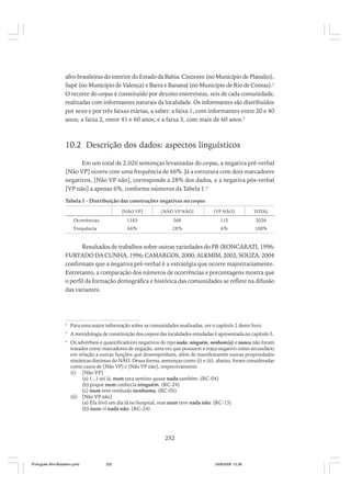 afro-brasileiras do interior do Estado da Bahia: Cinzento (no Município de Planalto),
Sapé (no Município de Valença) e Barra e Bananal (no Município de Rio de Contas).2
O recorte do corpus é constituído por dezoito entrevistas, seis de cada comunidade,
realizadas com informantes naturais da localidade. Os informantes são distribuídos
por sexo e por três faixas etárias, a saber: a faixa 1, com informantes entre 20 e 40
anos; a faixa 2, entre 41 e 60 anos; e a faixa 3, com mais de 60 anos.3

10.2 Descrição dos dados: aspectos linguísticos
Em um total de 2.026 sentenças levantadas do corpus, a negativa pré-verbal
[Não VP] ocorre com uma frequência de 66%. Já a estrutura com dois marcadores
negativos, [Não VP não], corresponde a 28% dos dados, e a negativa pós-verbal
[VP não] a apenas 6%, conforme números da Tabela 1.4
Tabela 1 - Distribuição das construções negativas no corpus
[NÃO VP]

[NÃO VP NÃO]

[VP NÃO]

TOTAL

Ocorrências

1343

568

115

2026

Frequência

66%

28%

6%

100%

Resultados de trabalhos sobre outras variedades do PB (RONCARATI, 1996;
FURTADO DA CUNHA, 1996; CAMARGOS, 2000; ALKMIM, 2002; SOUZA, 2004
confirmam que a negativa pré-verbal é a estratégia que ocorre majoritariamente.
Entretanto, a comparação dos números de ocorrências e porcentagens mostra que
o perfil da formação demográfica e histórica das comunidades se reflete na difusão
das variantes.

2

Para uma maior informação sobre as comunidades analisadas, ver o capítulo 2 deste livro.

3

A metodologia de constituição dos corpora das localidades estudadas é apresentada no capítulo 5.

4

Os advérbios e quantificadores negativos do tipo nada, ninguém, nenhum(a) e nunca não foram
tratados como marcadores de negação, uma vez que possuem o traço negativo como secundário
em relação a outras funções que desempenham, além de manifestarem outras propriedades
sintáticas distintas do NÃO. Dessa forma, sentenças como (i) e (ii), abaixo, foram consideradas
como casos de [Não VP] e [Não VP não], respectivamente.
(i) [Não VP]
(a) (...) sei lá, num tava sentino quase nada também. (RC-04)
(b) poque num conhecia ninguém. (RC-24)
(c) num teve confusão nenhuma. (RC-05)
(ii) [Não VP não]
(a) Ela levô um dia lá no hospital, mas num teve nada não. (RC-13)
(b) num vi nada não. (RC-24)

252

Português Afro-Brasileiro.pmd

252

24/8/2009, 15:36

 