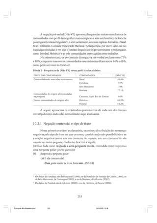 A negação pré-verbal [Não VP] apresenta frequências maiores em dialetos de
comunidades com perfil demográfico mais complexo e sem um histórico de forte (e
prolongado) contato linguístico e sem isolamento, como as capitais Fortaleza, Natal,
Belo Horizonte e a cidade mineira de Mariana.5 A frequência, por outro lado, cai nas
localidades isoladas e em que o contato linguístico foi predominante e prolongado,
como Pombal, Helvécia6 e as três comunidades investigadas neste trabalho.
No primeiro caso, os percentuais da negativa pré-verbal oscilam entre 77%
e 88%, enquanto nas outras comunidades esses números ficam entre 64% e 66%,
como pode ser visto na Tabela 2.
Tabela 2 - Frequência de [Não VP] versus perfil das localidades
PERFIL DAS COMUNIDADES

COMUNIDADES

Comunidadesnão marcadas etnicamente

[NÃO VP]

Natal

88,6%

Fortaleza

77%

Belo Horizonte

70%

Mariana
Comunidades de origem afro estudadas
na pesquisa
Outras comunidades de origem afro

77,1%

Cinzento, Sapé, Rio de Contas

66%

Helvécia

66,9%

Pombal

64,2%

A seguir, apresento os resultados quantitativos de cada um dos fatores
investigados nos dados das comunidades aqui analisadas.

10.2.1 Negação sentencial e tipo de frase
Nesta primeira variável explanatória, examino a distribuição das sentenças
negativas pelo tipo de frase em que ocorrem, considerando três possibilidades: se
a oração negativa ocorre em um contexto de resposta; em um contexto de não
resposta ou como pergunta, conforme descrito a seguir:
(i) frase dada como resposta a uma pergunta direta, entendida como resposta a
uma pergunta polar (yes/no-question)
(4)
Respostas a pergunta polar
(a) E ela costuma ir?
Num gosta muito de ir im festa não...(SP-04)

5

Os dados de Fortaleza são de Roncarati (1996); os de Natal são de Furtado da Cunha (1996); os
de Belo Horizonte, de Camargos (2000), e os de Mariana, de Alkmim (2002).

6

Os dados de Pombal são de Alkmim (2002), e os de Helvécia, de Souza (2004).

253

Português Afro-Brasileiro.pmd

253

24/8/2009, 15:36

 