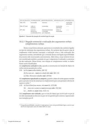 TIPO DE NEGATIVA FAVORECIDA POR DESFAVORECIDA POR

AGRAMATICAL EM

CATEGÓRICA EM

[Não VP]

encaixadas

matrizes

——

encaixadas
adverbiais

[Não VP não]

todas as
matrizes

encaixadas

encaixadas
adverbiais

——

[VP não]

matrizes
matrizes principais
absolutas e
e iniciadas
coordenadas livres por conjunção

todas as
encaixadas

——

Quadro 2 - Resumo da atuação da variável tipo de oração

10.2.3 Negação sentencial e realização dos argumentos verbais:
complementos verbais
Nesta e na próxima subseção, apresento os resultados das variáveis ligadas
ao tipo de realização dos argumentos verbais. As variáveis tipo de sujeito e tipo de
complemento verbal buscam contrapor a realização versus a não realização dos
argumentos verbais, entendendo que a omissão desses está ligada à possibilidade
de já terem sido mencionados anteriormente. Além disso, essas variáveis levam
em consideração também a posição em que o argumento é realizado e a natureza
da não realização. Dessa forma, com relação ao complemento verbal, os dados
foram assim classificados:
(i) complemento realizado in situ, quando o constituinte em função de objeto do
verbo está em posição pós-verbal.
(12) (a) Eu num tenho dinhêro, (SP-12)
(b) Eu nem sei... num sei a idade dele não! (RC-13)
(c) Não. Dá muito trabalho não! (SP-06)
(ii) complemento topicalizado ou anteposto, quando o objeto do verbo aparece movido
para a posição inicial da sentença ou simplesmente para uma posição à direita de
sujeito e verbo.10
(13) (a) Na de Bom Jesus mesmo, nós num foi. (CZ-08)
(b) ... mas com o arame eu num preocupo não. (CZ-06)
(c) ... dinhêro eu num tinha. (CZ-11)
(iii) complemento não realizado, que se trata do objeto que ocorre nulo ou por já
ter sido mencionado no discurso ou por ser recuperável pelo contexto, representado
nos exemplos por Ø.

10

A segunda possibilidade, contudo, é citada apenas como uma possibilidade lógica, uma vez que
não foram registrados casos de ordem SOV no corpus.

259

Português Afro-Brasileiro.pmd

259

24/8/2009, 15:36

 