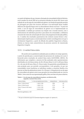 se a partir da hipótese de que, durante a formação da comunidade de fala de Helvécia,
entre meados do século XIX até as primeiras décadas do século XX, houve uma
redução do uso da regra de concordância de gênero, em função da aquisição precária
do português por parte dos escravos africanos e da nativização desse modelo
defectivo de segunda língua entre os descendentes desses escravos.27 A partir de
então, o uso da regra de concordância de gênero vai se implementando na
comunidade, à medida que aumenta sua relação com o mundo exterior, com o
deslocamento de indivíduos para fora e para dentro da comunidade, a influência
crescente dos meios de comunicação de massa e dos programas de educação pública,
etc. A análise dos resultados quantitativos das variáveis sociais fornece a fundamentação empírica para a constituição desse cenário sociolinguístico em que o
nivelamento linguístico, a partir da difusão dos padrões linguísticos urbanos,
elimina as marcas mais características do processo anterior de transmissão
linguística irregular.

12.5.1 A variável faixa etária
De acordo com os parâmetros adotados para as análises em tempo aparente,
o ponto de partida para a caracterização dos processos de mudança em curso é
fornecido pelos resultados da variável faixa etária (LUCCHESI, 2001b). Os
informantes que compõem a amostra de fala analisada estão equitativamente
distribuídos em três faixas etárias: de 20 a 40 anos (faixa 1); de 41 a 60 anos (faixa
2); e de mais de 60 anos (faixa 3). Desse modo, fica garantida a possibilidade de
uma projeção para um período correspondente a três gerações, já que nas
comunidades rurais brasileiras os indivíduos tendem a constituir família e/ou
procriar no final da adolescência (entre 16 e 20 anos). A frequência de uso da regra
de concordância de gênero entre essas gerações da comunidade pode ser vista na
Tabela 1, bem como em sua representação gráfica, feita com base nos pesos relativos.
Tabela 1 - Uso da regra de concordância de gênero, em Helvécia-BA,
segundo a variável faixa etária
FAIXA ETÁRIA

Nº DE OCORRÊNCIAS/TOTAL

FREQUÊNCIA

PESO RELATIVO

Faixa 1 (20-40 anos)

1.365/1.396

98%

.65

Faixa 2 (40-60 anos)

1.286/1.331

97%

.57

Faixa 3 (mais de 60 anos)

1.193/1.296

92%

.28

Total

3.844/4.023

96%

-

Nível de significância: .027.

27

No que se denomina aqui de transmissão linguística irregular (cf. capítulo 3).

309

Português Afro-Brasileiro.pmd

309

24/8/2009, 15:36

 
