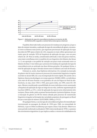 70
60
50
40

aplicação da regra de
concordância

30
20
10
0
mais de 60 anos

de 40 a 60 anos

de 20 a 40 anos

Figura 1 - Aplicação da regra de concordância de gênero no interior do SN,
em Helvécia-BA, segundo a variável faixa etária (pesos relativos)

O padrão observado indica um processo de mudança em progresso, já que o
ápice da variante inovadora, a aplicação da regra de concordância de gênero, encontrase entre os falantes mais jovens, que registram percentuais de aplicação da regra
da ordem de 98% (peso relativo de .65), enquanto os mais velhos apresentam um
maior grau de variação: 92% de frequência de aplicação da regra, com um peso
relativo de .28. Nota-se ainda, considerando sobretudo o valor dos pesos relativos,
uma maior semelhança entre os padrões de uso linguístico dos falantes das faixas
1 e 2, em oposição a um padrão de variação um pouco mais acentuado entre os
falantes da faixa 3. Isso indica que o processo de mudança de aquisição da regra de
concordância teria se acelerado nas duas últimas gerações. De qualquer forma, o
nível de aplicação da regra é elevado mesmo entre os falantes com mais de 60 anos.
Colocam-se, assim, duas hipóteses alternativas: (i) a variação na marcação
do gênero não foi muito intensa no processo de transmissão linguística irregular
ocorrido no século XIX; (ii) a sua recomposição foi muito rápida. De acordo com a
hipótese clássica da abordagem em tempo aparente (NARO, 2003), os indivíduos
com mais de 60 anos fixaram a sua gramática de uso da língua no final da adolescência, ou seja, entre 1924 e 1944, para quem tinha, em 1994, entre 65 e 85
anos. Mesmo considerando a possibilidade de esses indivíduos terem aumentado
a frequência de aplicação da regra ao longo da sua vida, conforme argumentação de
Lucchesi (2001b, p.137), o nível de aplicação da regra já seria relativamente alto
na época. Desse modo, pode-se pensar favoravelmente à primeira hipótese, de que
a marcação do gênero no SN foi menos afetada pelo processo de transmissão
linguística irregular na formação das variedades populares do português no Brasil
do que a marcação do número (LUCCHESI, 2000a, p.19-21).
De qualquer forma, o uso da regra de concordância de gênero foi intensificado/
incrementado na passagem da década de 1950 para 1960, na comunidade de
Helvécia, o que se reflete na diferença que separa a faixa 3 das demais. Observa-se
nesse período (sobretudo na década de 1960 e início da década de 1970): o aumento
dos movimentos migratórios (o que implica a saída e o retorno de trabalhadores da

310

Português Afro-Brasileiro.pmd

310

24/8/2009, 15:36

 