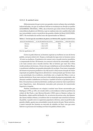 12.5.2 A variável sexo
Diferentemente do que ocorre nos grandes centros urbanos das sociedades
industrializadas, em que as mulheres lideram as mudanças em direção ao padrão
(CHAMBERS; TRUDGILL, 1980), são os homens que estão à frente da fixação da
concordância de gênero em Helvécia; o que se coaduna mais com o padrão observado
nas comunidades rurais e na periferia das grandes cidades do Brasil (LUCCHESI,
2007). Os resultados da variável sexo são apresentados na Tabela 2.
Tabela 2 - Uso da regra de concordância de gênero, em Helvécia-BA, segundo a variável sexo
SEXO DO INFORMANTE

Nº DE OCORRÊNCIAS/TOTAL

FREQUÊNCIA

PESO RELATIVO

Homem

1.861/1.944

96%

.56

Mulher

1.983/2.079

95%

.45

Total

3.844/4.023

96%

-

Nível de significância: .027.

Como se pode observar, os homens superam as mulheres no uso da forma
padrão, com peso relativo de .56 para a realização da regra entre os homens contra
.45 entre as mulheres. O parâmetro do contato com o mundo exterior possibilita
a compreensão do fato. Os homens, no contexto cultural da comunidade, tendem
a ter mais contato com o mundo exterior. São os homens que mais vão à feira
vender produtos da lavoura, e foram eles que trabalharam na ferrovia Bahia-Minas
e atualmente trabalham nas grandes plantações de eucalipto. Essa maior integração
do homem no processo produtivo e na vida social o coloca numa situação de maior
exposição aos padrões linguísticos adventícios e numa posição que favorece mais
a sua assimilação. Já as mulheres, envolvidas com a criação dos filhos e com as
tarefas domésticas, ficam mais restritas à vida isolada da pequena propriedade, não
obstante também trabalharem na lavoura e também levarem os produtos para a
feira. Circunscritas ao universo doméstico, acabam por conservar mais os primitivos
usos linguísticos, mais diretamente marcados pelo processo de transmissão
linguística irregular.
Padrões semelhantes em relação à variável sexo foram encontrados por
Rodrigues (1992, p.169), em estudo sobre a concordância verbal na periferia da
cidade de São Paulo, e por Bortoni-Ricardo (1985) para os falantes rurbanos de
Brazlândia, cidade satélite de Brasília. Se, no universo da norma culta, dos falantes
das classes médias urbanas, as mulheres têm-se mostrado mais sensíveis às formas
do padrão, o quadro entre os segmentos populares é diverso, tanto na periferia das
grandes cidades, quanto nas comunidades rurais do interior do país. Nesse universo,
a maior inserção dos homens no mercado de trabalho vai fazer com que esses
liderem os processos de mudança em favor do padrão urbano culto.

313

Português Afro-Brasileiro.pmd

313

24/8/2009, 15:36

 