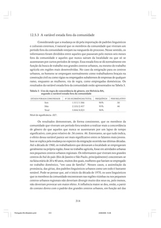 12.5.3 A variável estada fora da comunidade
Considerando que a mudança se dá pela importação de padrões linguísticos
e culturais externos, é natural que os membros da comunidade que viveram um
período fora da comunidade estejam na vanguarda do processo. Nesse sentido, os
informantes foram divididos entre aqueles que passaram pelo menos seis meses
fora da comunidade e aqueles que nunca saíram da localidade ou que só se
ausentaram por curtos períodos de tempo. Essa estada fora se dá normalmente em
função da busca de trabalho nos grandes centros urbanos, ou mesmo do trabalho
agrícola em regiões mais desenvolvidas. No caso da emigração para os centros
urbanos, os homens se empregam normalmente como trabalhadores braçais na
construção civil ou como vigias ou empregados subalternos de empresas de qualquer
ramo, enquanto as mulheres, via de regra, como empregadas domésticas. Os
resultados da variável estada fora da comunidade estão apresentados na Tabela 3.
Tabela 3 - Uso da regra de concordância de gênero, em Helvécia-BA,
segundo a variável estada fora da comunidade
ESTADA FORADA COMUNIDADE

Nº DE OCORRÊNCIAS/TOTAL

FREQUÊNCIA

PESO RELATIVO

Sim

1.511/1.566

96%

.56

Não

2.333/2.457

95%

.46

Total

3.844/4.023

96%

-

Nível de significância: .027.

Os resultados demonstram, de forma consistente, que os membros da
comunidade que viveram um período fora tendem a realizar mais a concordância
de gênero do que aqueles que nunca se ausentaram por um lapso de tempo
significativo, com peso relativo de .56 contra .46. Entretanto, ao que tudo indica,
o efeito dessa variável parece ser mais significativo entre os falantes mais jovens.
Isso se explica pela mudança no espectro da emigração ocorrida nas últimas décadas.
Até a década de 1960, os trabalhadores que deixavam a localidade se empregavam
geralmente na própria região, fosse no trabalho agrícola, fosse em atividades urbanas
nos pequenos centros urbanos regionais. Os informantes que viveram nos grandes
centros do Sul do país (Rio de Janeiro e São Paulo, principalmente) concentram-se
na faixa etária de 20 a 40 anos, muitos dos quais, mulheres que haviam se empregado
no trabalho doméstico, “em casa de família”. Nesses casos, a assimilação da
pronúncia, das gírias, dos padrões linguísticos urbanos como um todo é bastante
notável. Pode-se pensar que, até o início da década de 1970, os usos linguísticos
que os membros da comunidade encontravam nas regiões vizinhas ou nos pequenos
centros urbanos regionais não deveriam divergir muito dos seus ou, pelo menos,
não deveriam provocar um maior efeito. A influência maior se deu, então, a partir
do contato direto com o padrão dos grandes centros urbanos, em função até das

314

Português Afro-Brasileiro.pmd

314

24/8/2009, 15:36

 