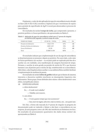 Finalmente, o valor de não aplicação da regra de concordância muito elevado
no fator [(X)-V-(X)-S-(X)] corrobora a hipótese de que o movimento do sujeito
para a posição de especificador de AgrP é crucial para desencadear o processo de
concordância.
Os resultados da variável tempo do verbo, que compreende o presente, o
pretérito perfeito e o futuro perifrástico, são apresentados na Tabela 3.
Tabela 3 - Aplicação da regra de concordância verbal com a 1ª pessoa do singular
em Helvécia-BA segundo a variável tempo do verbo
TEMPO DO VERBO

Nº DE OC. / TOTAL

FREQ.

P
.R.

Presente do Indicativo

1452/1739

83%

.56

Pretérito Perfeito do Indicativo

1009/1297

78%

.39

95/98

97%

.88

2.556/3.134

82%

—

Futuro Perifrástico
Total

Os resultados indicam que a implementação do uso da regra de concordância
se dá primeiramente no presente e depois no pretérito. Por outro lado, o alto valor
do futuro perifrástico (eu vou fazer ~ eu vai fazer) pode ser explicado pelo fato de o
auxiliar ser, em realidade, uma manifestação da categoria funcional de tempo.
Portanto, o auxiliar já seria gerado na posição de núcleo do TP, o que favorece
bastante o seu alçamento para o núcleo de Agr, estabelecendo-se a concordância.
Além disso, a alta frequência desse auxiliar e a sua saliência fônica também facilitam
a implementação do morfema de pessoa.
Os resultados da variável efeito de gatilho indicam que os fatores de natureza
interativa e discursiva também interferem no desempenho linguístico dos
informantes. Nesse grupo, foram definidos dois valores: efeito desfavorável e sem
efeito, exemplificados abaixo:
(4)
EFEITO DE GATILHO
a. efeito desfavorável
Ex.: — E onde você trabalha?
— Trabalha cum tratores.
b. sem efeito
Ex.: — E tem quanto tempo que isso aconteceu?
— Isso, num me engano, acho tem, mais ou menos, uns... uns quatro ano.
Em (4a), a forma não marcada da 3ª pessoa do singular na pergunta do
documentador pode ter induzido o falante a não fazer a concordância em sua
resposta. Já uma pergunta como a de (4b) não interferiria no fenômeno em foco.
Os resultados do processamento quantitativo dos dados dessa variável são
apresentados na Tabela 4.

342

Português Afro-Brasileiro.pmd

342

24/8/2009, 15:36

 