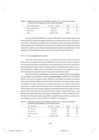Tabela 4 - Aplicação da regra de concordância verbal com a 1ª pessoa do singular
em Helvécia-BA segundo a variável efeito de gatilho
EFEITO DE GATILHO

Efeito desfavorável
Sem efeito
Total

Nº DE OC. / TOTAL

FREQ.

P.R.

268/383

70%

.31

2288/2751

83%

.53

2.556/3.134

82%

—-

No caso do efeito desfavorável, a pergunta feita pelo entrevistador contém uma
forma verbal de 3ª pessoa do singular (relativa a um tratamento de você ou o/a senhor/a),
e isso induz o informante a empregar, em sua resposta, o verbo na 3ª pessoa do singular,
mesmo quando está se referindo a si mesmo. Isso se reflete nos resultados percentuais
e dos pesos relativos, pois a frequência de aplicação da regra de concordância cai, nesse
contexto, de 82% (frequência geral) para 70%, com peso relativo final de .31.

14.1.3 O encaixamento social
No âmbito das variáveis sociais, os resultados da análise quantitativa dos
dados revela um quadro notavelmente límpido, de tal maneira que todas as variáveis
sociais propostas foram selecionadas como significativas em termos estatísticos
pelo programa de regras variáveis. Desse modo, os resultados das variáveis sociais,
particularmente a idade, indicam claramente um processo de mudança em curso
descrioulizante de implementação da regra de concordância verbal.
Dentro da literatura sociolinguística, a dicotomia variação estável versus mudança
em curso define-se primariamente a partir da variável idade (LABOV 1981; LUCCHESI,
,
2001b). No caso da variação estável, verifica-se um padrão curvilinear, no qual as
faixas intermediárias exibem os valores mais elevados da variante de prestígio. Já para
a mudança em curso, observa-se um padrão ascendente, no qual os mais jovens
apresentam os valores mais elevados da variante inovadora. No caso dos resultados da
variável faixa etária dessa amostra de fala da comunidade de Helvécia, pode-se mesmo
pensar numa reta, pois há uma simetria entre a faixa 3 (mais de 60 anos), com
praticamente 30 pontos abaixo da marca de neutralidade, e a faixa 1 (falantes de 20 a
40 anos) com 30 pontos acima, o que define o padrão linear ascendente, característico
da mudança em curso, como se pode ver na Tabela 5 e na Figura 1.
Tabela 5 - Aplicação da regra de concordância verbal com a 1ª pessoa do singular
em Helvécia-BA segundo a variável faixa etária
FAIXA ETÁRIA

Nº DE OC. / TOTAL

FREQ.

P.R.

20 a 40 anos

1017/1060

96%

.80

40 a 60 anos

787/920

86%

.51

752/1154

65%

.21

2.556/3.134

82%

—

Mais de 60 anos
Total

343

Português Afro-Brasileiro.pmd

343

24/8/2009, 15:36

 