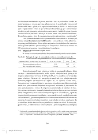 vocábulo sem marca formal de plural, mas com a ideia de plural levou o verbo, na
maioria dos casos em que apareceu, a flexionar-se. O quantificador e o numeral
favoreceram mais a aplicação da regra do que a marcação mórfica. A pluralização
com o sujeito coletivo é mais do que um fato morfossintático, já que é um fenômeno
semântico, pois o que vem primeiro à mente do falante é a ideia de plural, de mais
de um indivíduo, portanto, a indicação do plural, nesses casos, é mais transparente.
Dessa forma, agiria a força da transparência semântica a determinar a pluralização.9
Uma outra variável estrutural que se revelou interessante foi a correlação
entre a concordância nominal no SN sujeito e a concordância verbal. Observouse que a probabilidade de o falante aplicar a regra de concordância verbal era muito
maior quando o falante aplicava a regra de concordância nominal de número no
SN sujeito do verbo, como exemplificado na frase abaixo:
(10) As pessoas custumam comprar muito.
A Tabela 11 contém os resultados do processamento quantitativo dos dados.
Tabela 11 - Aplicação da regra de concordância verbal em comunidades rurais afrobrasileiras isoladas segundo a variável concordância nominal no SN sujeito
CONCORDÂNCIA NOMINAL NO SN SUJEITO

Nº DE OC. / TOTAL

FREQ.

P
.R.

Com concordância de número

10/41

24%

.74

Sem concordância de número

55/601

9%

.48

Os resultados confirmam a hipótese inicial, já que, quando o falante deixa
de fazer a concordância de número no SN sujeito, a frequência de aplicação da
regra de concordância verbal cai de 24% para 9%, o que se reflete nos valores dos
pesos relativos: .74 versus .48. Isso pode ser explicado pelo princípio da coesão
estrutural proposto por Lucchesi (cf. seção 4.2.2. do capítulo 4 deste livro).
Sumariamente, esse princípio prevê que, numa situação em que há concorrência
entre duas gramáticas na competência linguística do falante, o predomínio de
uma gramática sobre a outra se dá em porções determinadas da estrutura da frase.
No caso das comunidades rurais afro-brasileiras isoladas, observa-se a concorrência
entre uma gramática mais crioulizante (sem regras de concordância), ligada às
origens históricas dessas comunidades, e uma gramática mais padrão (com regras
de concordância), que estaria penetrando na comunidade em função das influências
externas. Essa concorrência se manifesta na produção verbal de cada falante da
comunidade, sendo restringida pelo princípio da coesão estrutural, de modo que,
por exemplo, se o falante inicia uma oração com a gramática padrão (o que implica

9

O princípio da transparência semântica desenvolvido na crioulística indica que as regras gramaticais
se conservam mais ou são mais rapidamente adquiridas nas estruturas em que a relação entre a
forma e o significado é mais direta, isto é, mais transparente (SEUREN; WEKKER, 1986).

352

Português Afro-Brasileiro.pmd

352

24/8/2009, 15:36

 
