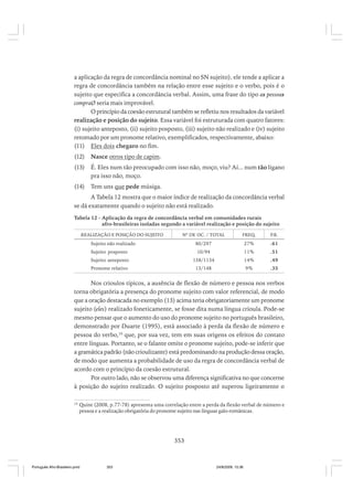 a aplicação da regra de concordância nominal no SN sujeito), ele tende a aplicar a
regra de concordância também na relação entre esse sujeito e o verbo, pois é o
sujeito que especifica a concordância verbal. Assim, uma frase do tipo as pessoas
compraØ seria mais improvável.
O princípio da coesão estrutural também se refletiu nos resultados da variável
realização e posição do sujeito. Essa variável foi estruturada com quatro fatores:
(i) sujeito anteposto, (ii) sujeito posposto, (iii) sujeito não realizado e (iv) sujeito
retomado por um pronome relativo, exemplificados, respectivamente, abaixo:
(11) Eles dois chegaro no fim.
(12)

Nasce otros tipo de capim.

(13)

É. Eles num tão preocupado com isso não, moço, viu? Aí... num tão ligano
pra isso não, moço.

(14)

Tem uns que pede músiga.

A Tabela 12 mostra que o maior índice de realização da concordância verbal
se dá exatamente quando o sujeito não está realizado.
Tabela 12 - Aplicação da regra de concordância verbal em comunidades rurais
afro-brasileiras isoladas segundo a variável realização e posição do sujeito
REALIZAÇÃO E POSIÇÃO DO SUJEITO

Nº DE OC. / TOTAL

FREQ.

P.R.

80/297

27%

.61

Sujeito posposto

10/94

11%

.51

Sujeito anteposto

158/1134

14%

.49

Pronome relativo

13/148

9%

.35

Sujeito não realizado

Nos crioulos típicos, a ausência de flexão de número e pessoa nos verbos
torna obrigatória a presença do pronome sujeito com valor referencial, de modo
que a oração destacada no exemplo (13) acima teria obrigatoriamente um pronome
sujeito (eles) realizado foneticamente, se fosse dita numa língua crioula. Pode-se
mesmo pensar que o aumento do uso do pronome sujeito no português brasileiro,
demonstrado por Duarte (1995), está associado à perda da flexão de número e
pessoa do verbo,10 que, por sua vez, tem em suas origens os efeitos do contato
entre línguas. Portanto, se o falante omite o pronome sujeito, pode-se inferir que
a gramática padrão (não crioulizante) está predominando na produção dessa oração,
de modo que aumenta a probabilidade de uso da regra de concordância verbal de
acordo com o princípio da coesão estrutural.
Por outro lado, não se observou uma diferença significativa no que concerne
à posição do sujeito realizado. O sujeito posposto até superou ligeiramente o
10

Quint (2008, p.77-78) apresenta uma correlação entre a perda da flexão verbal de número e
pessoa e a realização obrigatória do pronome sujeito nas línguas galo-românicas.

353

Português Afro-Brasileiro.pmd

353

24/8/2009, 15:36

 
