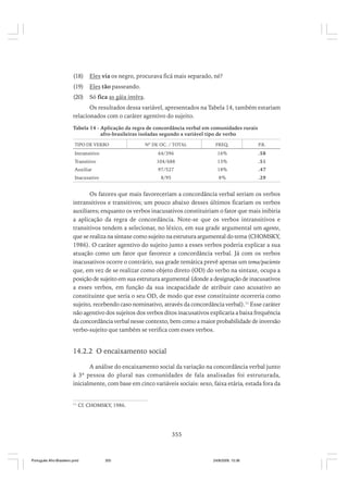 (18)

Eles via os negro, procurava ficá mais separado, né?

(19)

Eles tão passeando.

(20)

Só fica as gáia intêra.

Os resultados dessa variável, apresentados na Tabela 14, também estariam
relacionados com o caráter agentivo do sujeito.
Tabela 14 - Aplicação da regra de concordância verbal em comunidades rurais
afro-brasileiras isoladas segundo a variável tipo de verbo
TIPO DE VERBO

Nº DE OC. / TOTAL

FREQ.

P.R.

64/396

.51

18%

.47

8/95

Inacusativo

.58

15%

97/527

Auxiliar

16%

104/688

Intransitivo
Transitivo

8%

.29

Os fatores que mais favoreceriam a concordância verbal seriam os verbos
intransitivos e transitivos; um pouco abaixo desses últimos ficariam os verbos
auxiliares; enquanto os verbos inacusativos constituiriam o fator que mais inibiria
a aplicação da regra de concordância. Note-se que os verbos intransitivos e
transitivos tendem a selecionar, no léxico, em sua grade argumental um agente,
que se realiza na sintaxe como sujeito na estrutura argumental do tema (CHOMSKY,
1986). O caráter agentivo do sujeito junto a esses verbos poderia explicar a sua
atuação como um fator que favorece a concordância verbal. Já com os verbos
inacusativos ocorre o contrário, sua grade temática prevê apenas um tema/paciente
que, em vez de se realizar como objeto direto (OD) do verbo na sintaxe, ocupa a
posição de sujeito em sua estrutura argumental (donde a designação de inacusativos
a esses verbos, em função da sua incapacidade de atribuir caso acusativo ao
constituinte que seria o seu OD, de modo que esse constituinte ocorreria como
sujeito, recebendo caso nominativo, através da concordância verbal).11 Esse caráter
não agentivo dos sujeitos dos verbos ditos inacusativos explicaria a baixa frequência
da concordância verbal nesse contexto, bem como a maior probabilidade de inversão
verbo-sujeito que também se verifica com esses verbos.

14.2.2 O encaixamento social
A análise do encaixamento social da variação na concordância verbal junto
à 3ª pessoa do plural nas comunidades de fala analisadas foi estruturada,
inicialmente, com base em cinco variáveis sociais: sexo, faixa etária, estada fora da

11

Cf. CHOMSKY, 1986.

355

Português Afro-Brasileiro.pmd

355

24/8/2009, 15:36

 