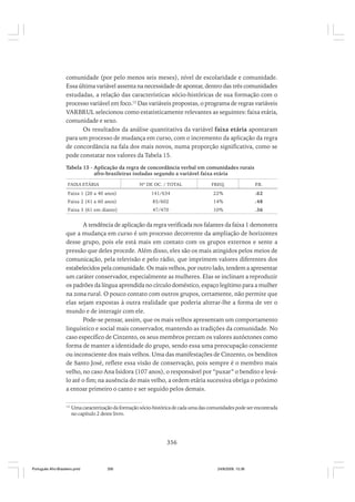 comunidade (por pelo menos seis meses), nível de escolaridade e comunidade.
Essa última variável assenta na necessidade de apontar, dentro das três comunidades
estudadas, a relação das características sócio-históricas de sua formação com o
processo variável em foco.12 Das variáveis propostas, o programa de regras variáveis
VARBRUL selecionou como estatisticamente relevantes as seguintes: faixa etária,
comunidade e sexo.
Os resultados da análise quantitativa da variável faixa etária apontaram
para um processo de mudança em curso, com o incremento da aplicação da regra
de concordância na fala dos mais novos, numa proporção significativa, como se
pode constatar nos valores da Tabela 15.
Tabela 15 - Aplicação da regra de concordância verbal em comunidades rurais
afro-brasileiras isoladas segundo a variável faixa etária
FAIXA ETÁRIA

Nº DE OC. / TOTAL

FREQ.

P
.R.

Faixa 1 (20 a 40 anos)

141/634

22%

.62

Faixa 2 (41 a 60 anos)

85/602

14%

.48

Faixa 3 (61 em diante)

47/470

10%

.36

A tendência de aplicação da regra verificada nos falantes da faixa 1 demonstra
que a mudança em curso é um processo decorrente da ampliação de horizontes
desse grupo, pois ele está mais em contato com os grupos externos e sente a
pressão que deles procede. Além disso, eles são os mais atingidos pelos meios de
comunicação, pela televisão e pelo rádio, que imprimem valores diferentes dos
estabelecidos pela comunidade. Os mais velhos, por outro lado, tendem a apresentar
um caráter conservador, especialmente as mulheres. Elas se inclinam a reproduzir
os padrões da língua aprendida no círculo doméstico, espaço legítimo para a mulher
na zona rural. O pouco contato com outros grupos, certamente, não permite que
elas sejam expostas à outra realidade que poderia alterar-lhe a forma de ver o
mundo e de interagir com ele.
Pode-se pensar, assim, que os mais velhos apresentam um comportamento
linguístico e social mais conservador, mantendo as tradições da comunidade. No
caso específico de Cinzento, os seus membros prezam os valores autóctones como
forma de manter a identidade do grupo, sendo essa uma preocupação consciente
ou inconsciente dos mais velhos. Uma das manifestações de Cinzento, os benditos
de Santo José, reflete essa visão de conservação, pois sempre é o membro mais
velho, no caso Ana Isidora (107 anos), o responsável por “puxar” o bendito e leválo até o fim; na ausência do mais velho, a ordem etária sucessiva obriga o próximo
a entoar primeiro o canto e ser seguido pelos demais.
12

Uma caracterização da formação sócio-histórica de cada uma das comunidades pode ser encontrada
no capítulo 2 deste livro.

356

Português Afro-Brasileiro.pmd

356

24/8/2009, 15:36

 