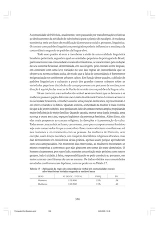 A comunidade de Helvécia, atualmente, vem passando por transformações relativas
ao deslocamento da atividade de subsistência para o plantio do eucalipto. A mudança
econômica seria um fator de modificação da estrutura social e, portanto, linguística.
O contato com padrões linguísticos prestigiados poderia influenciar a mudança da
concordância segundo os padrões da língua-alvo.
Todo esse quadro só vem a corroborar a visão de uma realidade linguística
brasileira polarizada, segundo a qual as variedades populares do português do Brasil,
particularmente nas comunidades rurais afro-brasileiras, se caracterizam pela redução
do seu sistema flexional, determinada, em sua origem, pelo contato entre línguas;
em contraste com uma leve variação no uso das regras de concordância que se
observa na norma urbana culta, de modo que a falta de concordância é fortemente
estigmatizada nos ambientes urbanos cultos. Em função desse quadro, a difusão de
padrões linguísticos e culturais a partir dos grandes centros urbanos sobre as
variedades populares da cidade e do campo promove um processo de mudança em
direção à aquisição das marcas de flexão de acordo com os padrões da língua culta.
Nesse contexto, os resultados da variável sexo revelaram que os homens e as
mulheres possuem papéis diferentes no cenário da vida rural. Como é comum acontecer
na sociedade brasileira, a mulher assume uma posição doméstica, representando o
elo entre o marido e os filhos. Quando solteira, a liberdade da mulher é mais restrita
do que a do jovem solteiro. Isso produz um ciclo de contato menos amplo, propiciando
maior influência do meio familiar. Quando casada, exerce uma dupla jornada, uma
na roça e outra em casa, espaços legítimos da presença feminina. Além disso, são
elas mais propensas ao contato religioso, às devoções e à preservação do culto.
Todas essas características fazem, certamente, com que o comportamento feminino
seja mais conservador do que o masculino. Esse conservadorismo manifesta-se até
nos costumes e no tratamento com as pessoas. As mulheres de Cinzento, sem
exceção, usam lenços na cabeça, um resquício dos hábitos religiosos africanos, mas
não demonstram ter consciência dessa prática, apenas usam porque aprenderam
com seus antepassados. No momento das entrevistas, as mulheres mostraram-se
menos receptivas a conversas que não girassem em torno do trato doméstico. O
homem cinzentense, por outro lado, mantém uma relação mais próxima com outros
grupos, indo à cidade, à feira, responsabilizando-se pelo comércio e, portanto, em
maior contato com falantes de outras normas. Os dados obtidos nas comunidades
estudadas confirmam essa hipótese, como se pode ver na Tabela 17.
Tabela 17 - Aplicação da regra de concordância verbal em comunidades rurais
afro-brasileiras isoladas segundo a variável sexo
SEXO

Nº DE OC. / TOTAL

FREQ.

P
.R.

Homens

153/806

19%

.56

Mulheres

120/900

13%

.45

358

Português Afro-Brasileiro.pmd

358

24/8/2009, 15:36

 