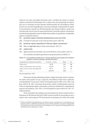 tendo-se em conta uma lógica funcional, pois o morfema de número e pessoa
supriria a ausência de informação com o sujeito nulo. Já a posposição do sujeito,
que tem se mostrado um fato bastante desfavorecedor da concordância verbal,
ocorreu em um nível insignificante na amostra analisada. A posposição do sujeito
é mais frequente quando um SN desempenha esta função sintática, sendo essa
inversão mais rara no caso do sujeito pronominal. Isso pode explicar a baixíssima
ocorrência da posposição na base de dados desta análise, na qual foram considerados
apenas os seguintes fatores:
(1) pronome sujeito realizado imediatamente antes do verbo
(29)

É aonde nós tamos por aí até o dia que Deus querê. (RC-24)

(2)

pronome sujeito separado do verbo por algum constituinte17

(30)

Não, nós aqui não dançava. Num existia dança. (CZ-11)

(3)

sujeito nulo

(31)

Quano prantô em novembo, nós cói em feverêro, cói em janêro. (CZ-11)
Os resultados da análise quantitativa são apresentados na Tabela 19.

Tabela 19 - A concordância verbal com a 1ª pessoa do plural no português afro-brasileiro
segundo a variável realização e posição do sujeito
REALIZAÇÃO E POSIÇÃO DO SUJEITO

Nº DE OC. / TOTAL

FREQ.

P.R.

38/99

38%

.88

Sujeito imediatamente antes do verbo

38/304

13%

.38

Sujeito antes do verbo (não adjacente)

08/72

11%

.37

84/475

18%

—

Sujeito nulo

Total

Nível de significância: .009.

Na amostra de fala analisada prevaleceu a lógica funcional, sendo o contexto
de sujeito nulo aquele em que a regra de concordância verbal mais é aplicada,
correspondendo a mais que o dobro da frequência geral (38% versus 18%; com
peso relativo de .88). A presença do pronome sujeito, imediatamente antes do
verbo ou separado por algum constituinte, acabou por desfavorecer a aplicação da
regra de concordância, com 13% e 11% de frequência e peso relativo de .38 e .37,
respectivamente.
Esses resultados são análogos aos encontrados em outros estudos sobre o
fenômeno no PB. Bortoni-Ricardo (1985) encontrou 84% de concordância com o
sujeito nulo, contra apenas 47% de pronome nós anteposto ao verbo. No estudo
17

Foram aí incluídas as pouquíssimas ocorrências em que o pronome nós é retomado por um
pronome relativo, codificadas inicialmente como um fator específico, mas depois amalgamadas
em função da sua baixa ocorrência e da semelhança com o contexto da interposição de um
constituinte entre o pronome e o verbo.

365

Português Afro-Brasileiro.pmd

365

24/8/2009, 15:36

 