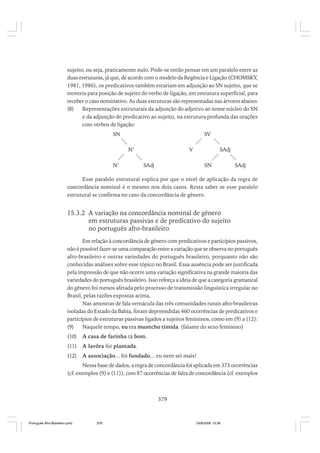 sujeito, ou seja, praticamente nulo. Pode-se então pensar em um paralelo entre as
duas estruturas, já que, de acordo com o modelo da Regência e Ligação (CHOMSKY,
1981, 1986), os predicativos também estariam em adjunção ao SN sujeito, que se
moveria para posição de sujeito do verbo de ligação, em estrutura superficial, para
receber o caso nominativo. As duas estruturas são representadas nas árvores abaixo:
(8)
Representações estruturais da adjunção do adjetivo ao nome núcleo do SN
e da adjunção do predicativo ao sujeito, na estrutura profunda das orações
com verbos de ligação:
SN

SV
N’

N’

V

SAdj

SAdj

SN

SAdj

Esse paralelo estrutural explica por que o nível de aplicação da regra de
concordância nominal é o mesmo nos dois casos. Resta saber se esse paralelo
estrutural se confirma no caso da concordância de gênero.

15.3.2 A variação na concordância nominal de gênero
em estruturas passivas e de predicativo do sujeito
no português afro-brasileiro
Em relação à concordância de gênero com predicativos e particípios passivos,
não é possível fazer-se uma comparação entre a variação que se observa no português
afro-brasileiro e outras variedades do português brasileiro, porquanto não são
conhecidas análises sobre esse tópico no Brasil. Essa ausência pode ser justificada
pela impressão de que não ocorre uma variação significativa na grande maioria das
variedades do português brasileiro. Isso reforça a ideia de que a categoria gramatical
do gênero foi menos afetada pelo processo de transmissão linguística irregular no
Brasil, pelas razões expostas acima.
Nas amostras de fala vernácula das três comunidades rurais afro-brasileiras
isoladas do Estado da Bahia, foram depreendidas 460 ocorrências de predicativos e
particípios de estruturas passivas ligados a sujeitos femininos, como em (9) a (12):
(9)
Naquele tempo, eu era muntcho tímida. (falante do sexo feminino)
(10)

A casa de farinha tá bom.

(11)

A lavôra foi plantada.

(12)

A associação... foi fundado... eu nem sei mais!

Nessa base de dados, a regra de concordância foi aplicada em 373 ocorrências
(cf. exemplos (9) e (11)), com 87 ocorrências de falta de concordância (cf. exemplos

379

Português Afro-Brasileiro.pmd

379

24/8/2009, 15:36

 