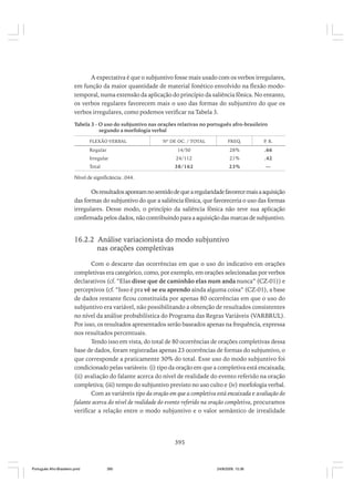 A expectativa é que o subjuntivo fosse mais usado com os verbos irregulares,
em função da maior quantidade de material fonético envolvido na flexão modotemporal, numa extensão da aplicação do princípio da saliência fônica. No entanto,
os verbos regulares favorecem mais o uso das formas do subjuntivo do que os
verbos irregulares, como podemos verificar na Tabela 3.
Tabela 3 - O uso do subjuntivo nas orações relativas no português afro-brasileiro
segundo a morfologia verbal
FLEXÃO VERBAL

FREQ.

P. R.

14/50

Regular

Nº DE OC. / TOTAL

28%

.66

Irregular

24/112

21%

.42

Total

38/162

23%

—

Nível de significância: .044.

Os resultados apontam no sentido de que a regularidade favorece mais a aquisição
das formas do subjuntivo do que a saliência fônica, que favoreceria o uso das formas
irregulares. Desse modo, o princípio da saliência fônica não teve sua aplicação
confirmada pelos dados, não contribuindo para a aquisição das marcas de subjuntivo.

16.2.2 Análise variacionista do modo subjuntivo
nas orações completivas
Com o descarte das ocorrências em que o uso do indicativo em orações
completivas era categórico, como, por exemplo, em orações selecionadas por verbos
declarativos (cf. “Elas disse que de caminhão elas num anda nunca” (CZ-01)) e
perceptivos (cf. “Isso é pra vê se eu aprendo ainda alguma coisa” (CZ-01), a base
de dados restante ficou constituída por apenas 80 ocorrências em que o uso do
subjuntivo era variável, não possibilitando a obtenção de resultados consistentes
no nível da análise probabilística do Programa das Regras Variáveis (VARBRUL).
Por isso, os resultados apresentados serão baseados apenas na frequência, expressa
nos resultados percentuais.
Tendo isso em vista, do total de 80 ocorrências de orações completivas dessa
base de dados, foram registradas apenas 23 ocorrências de formas do subjuntivo, o
que corresponde a praticamente 30% do total. Esse uso do modo subjuntivo foi
condicionado pelas variáveis: (i) tipo da oração em que a completiva está encaixada;
(ii) avaliação do falante acerca do nível de realidade do evento referido na oração
completiva; (iii) tempo do subjuntivo previsto no uso culto e (iv) morfologia verbal.
Com as variáveis tipo da oração em que a completiva está encaixada e avaliação do
falante acerca do nível de realidade do evento referido na oração completiva, procuramos
verificar a relação entre o modo subjuntivo e o valor semântico de irrealidade

395

Português Afro-Brasileiro.pmd

395

24/8/2009, 15:36

 