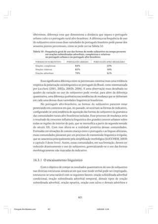 obtivemos, diferença essa que dimensiona a distância que separa o português
urbano culto e o português rural afro-brasileiro. A diferença na frequência de uso
do subjuntivo entre essas duas variedades do português brasileiro pode passar dos
sessenta pontos percentuais, como se pode ver na Tabela 10.
Tabela 10 - Frequência geral de uso das formas do modo subjuntivo no tempo presente
em orações subordinadas adverbiais, completivas e relativas
no português urbano e no português afro-brasileiro
FORMAS DO SUBJUNTIVO

PORTUGUÊS URBANO

PORTUGUÊS AFRO-BRASILEIRO

Orações completivas

84%

24%

Orações relativas

82%

18%

Orações adverbiais

79%

52%

Essa significativa diferença entre os percentuais constitui mais uma evidência
empírica da polarização sociolinguística no português do Brasil, como sistematizada
por Lucchesi (2001, 2002a, 2002b, 2006). E uma observação mais detalhada no
quadro da variação no uso do subjuntivo pode revelar, para além da diferença
quantitativa, uma diferença qualitativa nas tendências de mudança que se delineiam
em cada uma dessas duas variedades linguísticas brasileiras.
No português afro-brasileiro, as formas do subjuntivo parecem estar
penetrando em contextos em que, no passado, só ocorriam as formas do indicativo,
configurando-se uma tendência de aquisição das formas do subjuntivo na gramática
das comunidades rurais afro-brasileiras isoladas. Esse processo de mudança seria
o resultado da crescente influência linguística dos grandes centros urbanos sobre
todas as regiões do interior do país, que se intensifica a partir da segunda metade
do século XX. Com isso altera-se a realidade pretérita dessas comunidades.
Formadas em situações de contato maciço entre o português e as línguas africanas,
essas comunidades passaram por um processo de transmissão linguística irregular,
que se caracteriza principalmente pela simplificação morfológica (LUCCHESI, 2003b
e capítulo 3 deste livro). Assim, essas comunidades, em sua formação, devem ter
reduzido drasticamente o uso do subjuntivo, generalizando-se o uso das formas
morfologicamente não marcadas do indicativo.

16.3.1 O encaixamento linguístico
Com o objetivo de cotejar os resultados quantitativos do uso do subjuntivo
nas diversas estruturas sintáticas em que esse modo verbal pode ser empregado,
estruturou-se uma variável com os seguintes fatores: oração subordinada adverbial
condicional, oração subordinada adverbial temporal, demais tipos de oração
subordinada adverbial, oração optativa, oração com talvez e demais advérbios e

401

Português Afro-Brasileiro.pmd

401

24/8/2009, 15:36

 