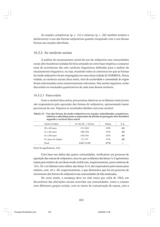 As orações completivas (p. r. .31) e relativas (p. r. .26) também tendem a
desfavorecer o uso das formas subjuntivas quando comparado com o uso dessas
formas nas orações adverbiais.

16.3.2 As variáveis sociais
A análise do encaixamento social do uso do subjuntivo nas comunidades
rurais afro-brasileiras isoladas foi feita tomando-se como base empírica o conjunto
total de ocorrências das três variáveis linguísticas definidas para a análise do
encaixamento linguístico, ou seja, reunindo todos os contextos em que as formas
do modo subjuntivo foram empregadas em uma única rodada do VARBRUL. Nessa
rodada, as variáveis sociais faixa etária, nível de escolaridade e comunidade de origem
foram selecionadas como estatisticamente relevantes. Nas seções seguintes, serão
discutidos os resultados quantitativos de cada uma dessas variáveis.

16.3.2.1 Faixa etária
Com a variável faixa etária, procuramos observar se os falantes mais jovens
são responsáveis pela aquisição das formas de subjuntivo, apresentando maior
percentual de uso. Vejamos os resultados obtidos com essa variável.
Tabela 12 - Uso das formas do modo subjuntivo em orações subordinadas completivas,
relativas e adverbiais junto a expressões de dúvida no português afro-brasileiro
segundo a variável faixa etária
FAIXA ETÁRIA

Nº DE OC. / TOTAL

FREQ.

P R.
.

20 a 40 anos

131/263

50%

.55

41 a 60 anos

188/350

54%

.56

61 a 80 anos

144/341

42%

.45

81 anos em diante

71/175

41%

.40

534/1129

47%

—

Total

Nível de significância: .016.

Com base nos dados das quatro comunidades, verificamos um processo de
aquisição das marcas de subjuntivo, uma vez que os falantes das faixas 1 e 2 apresentam
maior peso relativo de uso desse modo verbal com, respectivamente, pesos relativos de
.55 e .56, e os falantes mais velhos, das faixas 3 e 4, são responsáveis pelo menor peso
relativo, com .45 e .40, respectivamente, o que demonstra que há um processo de
incremento das formas do subjuntivo nas comunidades de fala analisadas.
De certo modo, a mudança deve ter tido início por volta de 1965, em
decorrência das alterações sociais ocorridas nas comunidades, como o contato
com diferentes grupos sociais, com os meios de comunicação de massa, com a

403

Português Afro-Brasileiro.pmd

403

24/8/2009, 15:36

 