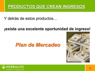 PRODUCTOS QUE CREAN INGRESOS

Y detrás de estos productos…

¡existe una excelente oportunidad de ingreso!



     Plan de Mercadeo



                                            21
 