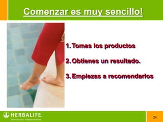 Comenzar es muy sencillo!


        1. Tomas los productos

        2. Obtienes un resultado.

        3. Empiezas a recomendarlos




                                    24
 