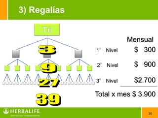3) Regalías


                         Mensual
              1° Nivel    $ 300

              2° Nivel    $ 900

              3° Nivel    $2.700
              Total x mes $ 3.900

                              30
 