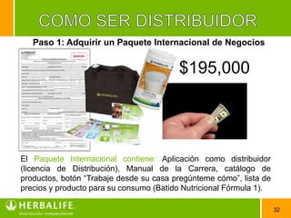 Paso 1: Adquirir un Paquete Internacional de Negocios


                                         $195,000




El Paquete Internacional contiene: Aplicación como distribuidor
(licencia de Distribución), Manual de la Carrera, catálogo de
productos, botón “Trabaje desde su casa pregúnteme cómo”, lista de
precios y producto para su consumo (Batido Nutricional Fórmula 1).

                                                                     32
 