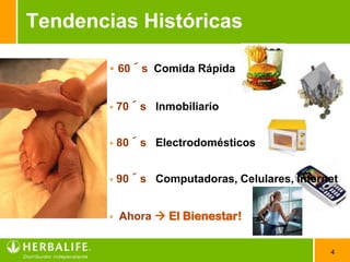 Tendencias Históricas

         60´s Comida Rápida


           70´s Inmobiliario


           80´s Electrodomésticos


           90´s Computadoras, Celulares, Internet


           Ahora  El Bienestar!


                                                4
 