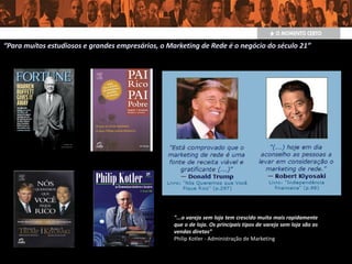 "...o varejo sem loja tem crescido muito mais rapidamente
que o de loja. Os principais tipos de varejo sem loja são as
vendas diretas”
Philip Kotler - Administração de Marketing
“Para muitos estudiosos e grandes empresários, o Marketing de Rede é o negócio do século 21”
 