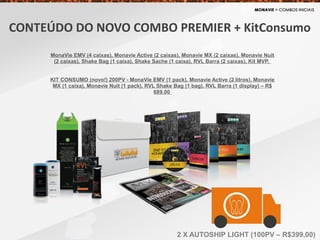 CONTEÚDO DO NOVO COMBO PREMIER + KitConsumo
2 X AUTOSHIP LIGHT (100PV – R$399,00)
MonaVie EMV (4 caixas), Monavie Active (2 caixas), Monavie MX (2 caixas), Monavie Nuit
(2 caixas), Shake Bag (1 caixa), Shake Sache (1 caixa), RVL Barra (2 caixas), Kit MVP.
KIT CONSUMO (novo!) 200PV - MonaVie EMV (1 pack), Monavie Active (2 litros), Monavie
MX (1 caixa), Monavie Nuit (1 pack), RVL Shake Bag (1 bag), RVL Barra (1 display) – R$
689,00
 