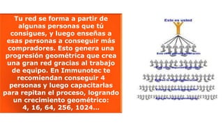 Tu red se forma a partir de
algunas personas que tú
consigues, y luego enseñas a
esas personas a conseguir más
compradores. Esto genera una
progresión geométrica que crea
una gran red gracias al trabajo
de equipo. En Immunotec te
recomiendan conseguir 4
personas y luego capacitarlas
para repitan el proceso, logrando
un crecimiento geométrico:
4, 16, 64, 256, 1024…
 