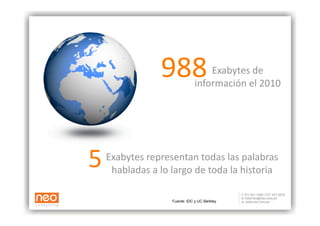 988                Exabytes de  
                                información el 2010 




5     Exabytes representan todas las palabras 
        habladas a lo largo de toda la historia 

                     Fuente: IDC y UC Berkley
 