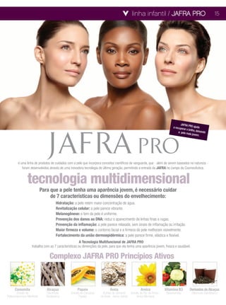 linha infantil / JAFRA PRO                                                  15




                                                                                                                                                JAFRA PR
                                                                                                                                         a recupera        O ajuda
                                                                                                                                                    r o brilho,
                                                                                                                                              a pele m          deixando
                                                                                                                                                        ais jovem
                                                                                                                                                                  .




         é uma linha de produtos de cuidados com a pele que incorpora conceitos científicos de vanguarda, que - além de serem baseados na natureza -
            foram desenvolvidos através de uma inovadora tecnologia de última geração, permitindo a entrada da JAFRA no campo da Cosmecêutica.


                 tecnologia multidimensional
                             Para que a pele tenha uma aparência jovem, é necessário cuidar
                                  de 7 características ou dimensões do envelhecimento:
                                        Hidratação: a pele retém maior concentração de água.
                                        Revitalização celular: a pele parece vibrante.
                                        Melanogênese: o tom da pele é uniforme.
                                        Prevenção dos danos ao DNA: reduz o aparecimento de linhas finas e rugas.
                                        Prevenção da inflamação: a pele parece relaxada, sem sinais de inflamação ou irritação.
                                        Maior firmeza e volume: o contorno facial e a firmeza da pele melhoram visivelmente.
                                        Fortalecimento da união dermoepidérmica: a pele parece firme, elástica e flexível.
                                                        A Tecnologia Multifuncional de JAFRA PRO
                     trabalha com as 7 características ou dimenções da pele, para que ela tenha uma aparência jovem, fresca e saudável.

                                  Complexo JAFRA PRO Princípios Ativos


      Camomila                  Alcaçuz                Papaia                     Aveia                      Arnica               Vitamina B3           Derivados de Alcaçuz
         (Extrato de           (Glicirrizato      (Extrato de Caricácea    (Extrato de Semente     (Extrato de Flor de Arnica -    (Niacinamida)          (Glicirrizato Dipotássico)
Tripleurospermum Marítima)     Dipotássico)               Papaia)         de Aveia - Avena Sativa)       Arnica Montana)
 