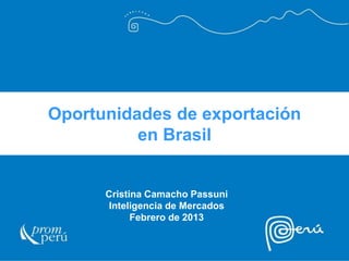 Oportunidades de exportación
en Brasil

Cristina Camacho Passuni
Inteligencia de Mercados
Febrero de 2013

 
