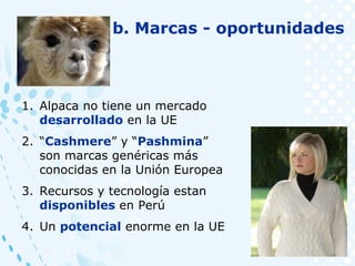 1. Alpaca no tiene un mercado
desarrollado en la UE
2. “Cashmere” y “Pashmina”
son marcas genéricas más
conocidas en la Unión Europea
3. Recursos y tecnología estan
disponibles en Perú
4. Un potencial enorme en la UE
b. Marcas - oportunidades
 