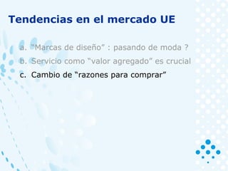 Tendencias en el mercado UE
a. “Marcas de diseño” : pasando de moda ?
b. Servicio como “valor agregado” es crucial
c. Cambio de “razones para comprar”
 