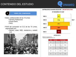 CONTENIDO DEL ESTUDIO
PERFIL DEL COMPRADOR1
• Datos poblacionales de las 10 Limas:
• Tamaño Poblacional.
• Grupo Etario
• Sexo.
• Perfil del comprador en C.C de las 10 Limas,
segmentado por:
• Género, edad, NSE, residencia y estado
civil.
 