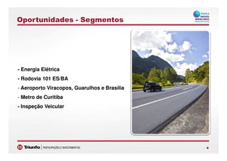 Oportunidades - Segmentos
- Energia Elétrica
- Rodovia 101 ES/BA
44
- Rodovia 101 ES/BA
- Aeroporto Viracopos, Guarulhos e Brasília
- Metro de Curitiba
- Inspeção Veicular
 