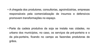 • A chegada dos produtores, consultorias, agroindústrias, empresas
responsáveis pela comercialização de insumos e defensivos
promovem transformações no espaço.
• Parte da cadeia produtiva da soja se instala nas cidades, no
urbano dos municípios, no caso, os serviços da pré-porteira e o
da pós-porteira, ficando no campo as fazendas produtoras de
grãos.
 