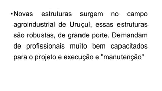 •Novas estruturas surgem no campo
agroindustrial de Uruçuí, essas estruturas
são robustas, de grande porte. Demandam
de profissionais muito bem capacitados
para o projeto e execução e "manutenção"
 