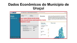Dados Econômicos do Município de
Uruçuí
PIB per capita (2014) 45.655,18 R$
Receita oriunda fontes externas(2015) 92,3%
IDHM(2010 ) 0,631
 