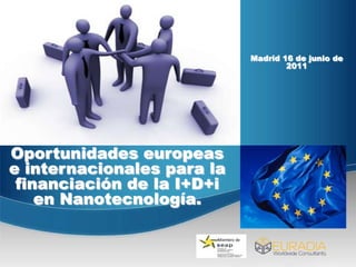 Miembro de Madrid 16 de junio de 2011 Oportunidades europeas e internacionales para la financiación de la I+D+i en Nanotecnología. 